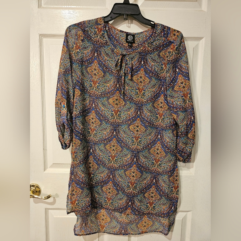 Bobeau Paisley Long Sleeve Dress - Blue and Orange